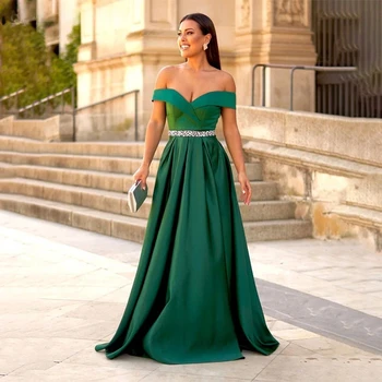 Зеленые атласные вечерние платья трапециевидной формы для свадебной вечеринки, платье с открытыми плечами, платье для выпускного вечера, халат, официальное длинное платье, подходящее для случая запроса