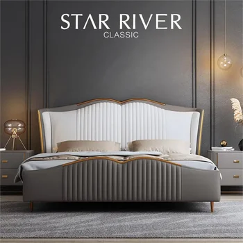 Итальянская минималистичная кожаная кровать, легкая роскошь, современная и простая двуспальная кровать, двуспальная кровать размера 