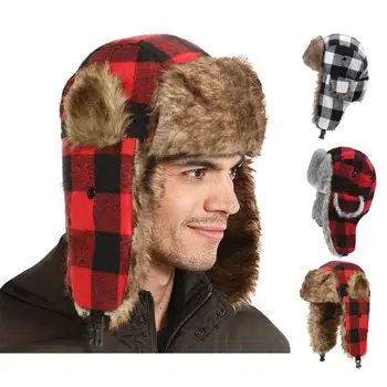 Клетчатая шляпа, стильная теплая уличная защита ушей, утолщенная удобная женская мужская зимняя шапка для холодной погоды