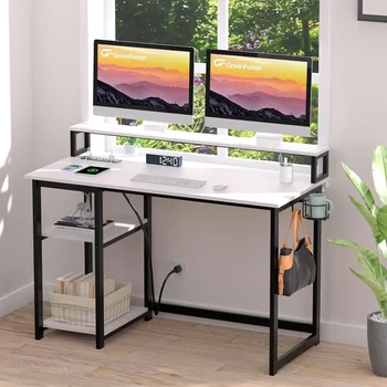 Компьютерный стол GreenForest с USB-портом для зарядки и розеткой, реверсивный маленький стол с подставкой для монитора и хранения, белый