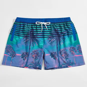 Короткие сексуальные пляжные шорты для мальчиков больших размеров, летние мужские сетчатые шорты с эластичным поясом на шнуровке, пляжная одежда с принтом кокосовой пальмы в полоску