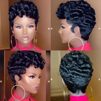 Короткий парик с волнами пикси, синтетический парик для чернокожих женщин, черный парик, короткие вьющиеся парики, женский высококачественный парик
