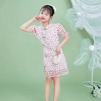 Летнее детское платье с принтом в стиле Тан из хлопка, новинка, костюмы для выступлений девочек, китайский прекрасный Традиционный Ципао Чонсам