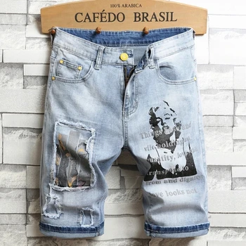 Летние новые джинсовые шорты, обычные мужские прямые брюки, Свободные, большого размера, с рваной нашивкой, Модные Джинсы с вышивкой