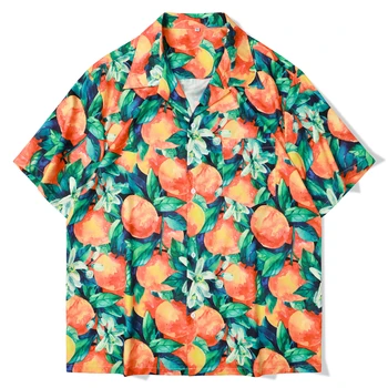 Летние рубашки с фруктово-оранжевым принтом, Рубашки с коротким рукавом, мужские повседневные топы в гавайском пляжном стиле