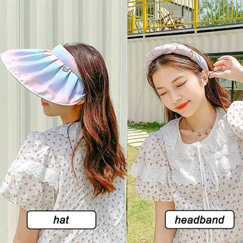 Летняя солнцезащитная кепка с широкими полями, женские складные Портативные ленты для волос двойного назначения, пляжные шляпы с градиентной защитой от ультрафиолета на открытом воздухе