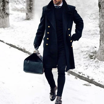 Модная Осенняя Однотонная флисовая куртка с отложным воротником, пальто, мужская одежда, Верхняя одежда с длинным рукавом, Зимние Шерстяные пальто на утолщенных пуговицах