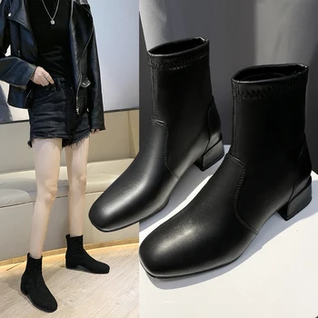 Модные Новые черные осенне-зимние ботинки без шнуровки, теплые плюшевые ботинки до середины икры, женские ботинки, большие размеры, женская обувь для шитья в стиле пэчворк на низком каблуке