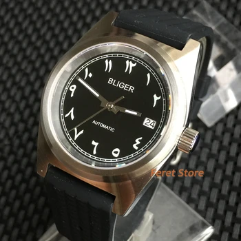 Модные часы BLIGER 38 мм Механизм NH35A Сапфировое стекло Автоматические мужские часы Изогнутый каучуковый ремешок Черный циферблат