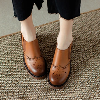 Мокасины Хэйхайан с круглым носком, на толстом каблуке, с резным дизайном, Одиночная обувь 2023, Винтажный стиль, Элегантная коричневая женская одиночная обувь