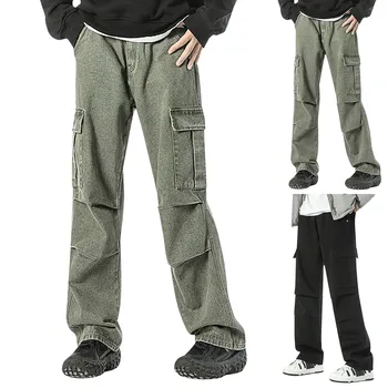 Мужская осенне-зимняя повседневная рабочая одежда с прямыми штанинами, джинсы, брюки с несколькими карманами, бег трусцой, упражнения оверсайз
