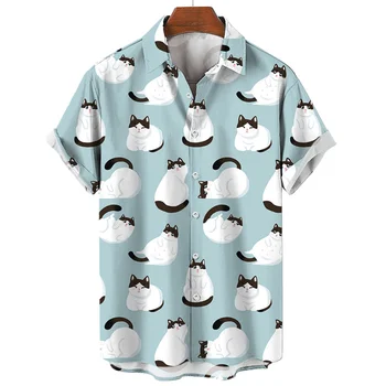 Мужская рубашка с 3D-принтом Kawaii Cat, модная одежда с коротким рукавом, уличная одежда, повседневная рубашка с изображением забавных животных, Летняя блузка на пуговицах