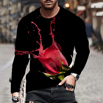 Мужская футболка Винтажный топ с длинными рукавами и ботанической розой, осенняя толстовка с рисунком, повседневная модная одежда в стиле хип-хоп, футболка с круглым вырезом