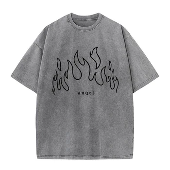 Мужская футболка с эстетическим принтом Angel Black Fire, свободная футболка из выстиранного хлопка, модные летние топы с круглым вырезом и рисунком, Унисекс