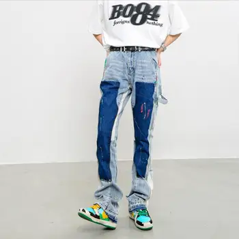 Мужские джинсы High Street в стиле ретро, рваные джинсы в стиле пэчворк, модные брюки, мужские прямые повседневные прямые брюки 2023 w573