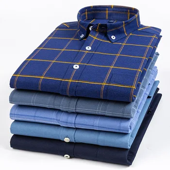 Мужские Оксфордские рубашки из хлопка с длинным рукавом, популярная среди молодежи многоцветная клетка, простой квадратный воротник, модные топы для стирки для джентльменов