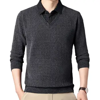 Мужской свитер для отца среднего возраста, искусственный отворот из двух частей, Толстый плюшевый теплый эластичный пуловер на пуговицах, осенне-зимний мужской свитер
