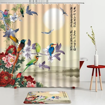 Набор занавесок для душа в виде цветов и птиц в античном стиле с чернильными пейзажными принтами, коврик для ванной, коврики для кухонной входной двери, ковер для декора ванной комнаты