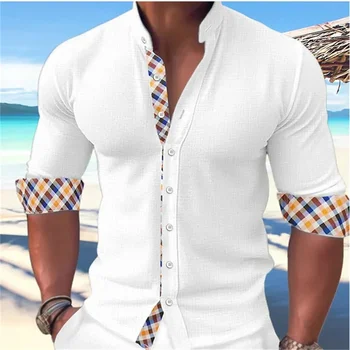Новая мода 2023, мужская рубашка, повседневная летняя пляжная рубашка, черный, белый цвет, с длинным рукавом, со стоячим воротником, повседневная одежда в стиле пэчворк 6XL