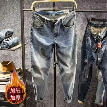 Новая модная Корейская роскошная одежда, Ковбойская уличная одежда, дизайнерские винтажные толстые теплые джинсы для мужчин, повседневные Узкие джинсовые брюки-карандаш