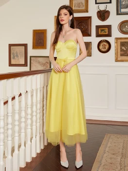 Облегающее бальное платье Vestidos, новое платье на бретелях с высокой талией, простое кружевное платье без бретелек, однотонное желтое вечернее платье, женское платье на день рождения