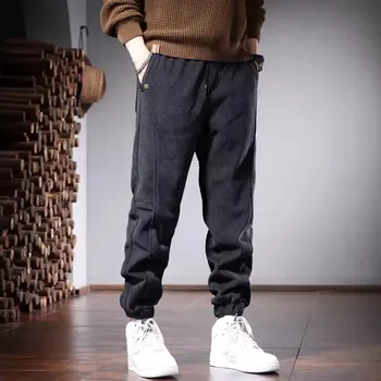 Осенние мужские свободные вельветовые брюки Повседневные Черно-серые брюки-джоггеры в Корейском стиле с эластичной резинкой на талии