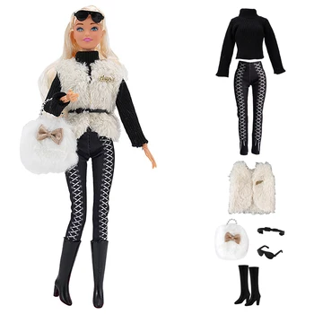 Официальный 1 комплект модного уличного платья для куклы NK: черный топ + белый жилет + брюки + очки + пояс + обувь + сумка Для Аксессуаров Куклы Барби