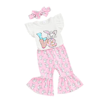 Пасхальные наряды для маленьких девочек, Футболка с коротким рукавом, расклешенные брюки с принтом кролика, Комплект летней одежды