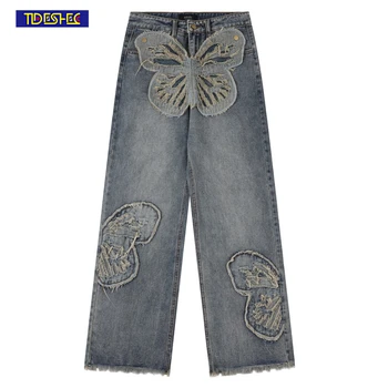 Повседневные джинсовые брюки с нашивками-бабочками, вышитые на Хай-стрит, застиранные брюки с прямыми штанинами, винтажные мешковатые джинсы для мужчин