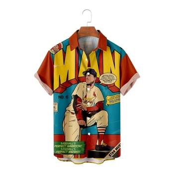 Повседневные рубашки для мужчин, топы с принтом бейсболиста в американском стиле Манга, летняя рубашка для пляжного отдыха с коротким рукавом, дышащая