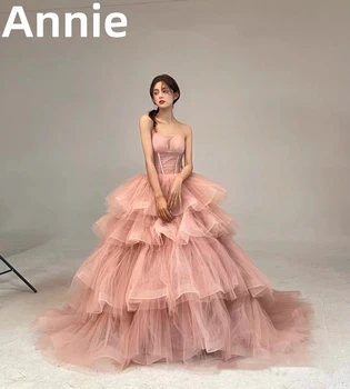 Розовое платье для выпускного вечера Annie Sweet, Vestidos De Noche, сексуальное свадебное платье из многослойного тюля без бретелек, вечернее платье