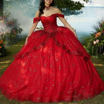 Роскошное Красное Блестящее Пышное Платье 2024 Бальное Платье Принцессы Со Шлейфом И Цветочной Аппликацией, Милое Праздничное Платье на День Рождения 15 16