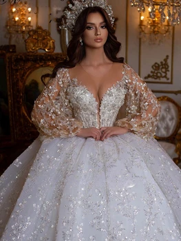 Роскошное свадебное платье принцессы из Дубая с прозрачным круглым вырезом, аппликацией из пайеток, пышными длинными рукавами, на шнуровке сзади, свадебные платья, свадебный халат