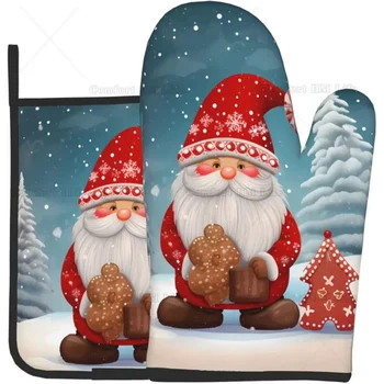 Рукавицы для духовки и прихватки, комплект из 2 предметов, Рождественский Санта-Клаус, Красная елка, нескользящие перчатки для барбекю, для приготовления пищи на кухне, выпечки
