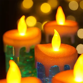 Светодиодные рождественские свечи, меняющие цвет, светодиодная водяная свеча с блестками, беспламенные светодиодные подсвечники, настольный стол, красный