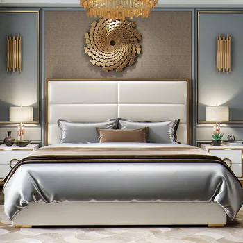 Современная простая кожаная кровать, европейский свет, роскошная двуспальная кровать из массива дерева, мягкая спинка, двуспальная кровать размера 