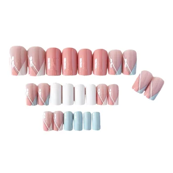 Средний рисунок ногтей для женщин Синий Розовый Белый Геометрические линии Искусственный ноготь для повседневной жизни Повседневное использование