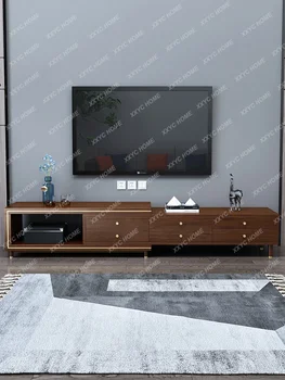 ТВ-шкаф из массива дерева Орех Современная мебель для гостиной Небольшой квартиры Выдвижная Подставка для телевизора Простой Напольный шкаф
