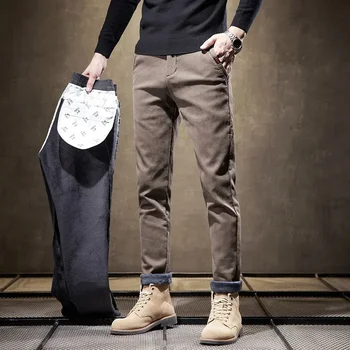 Теплые флисовые брюки Зимние Мужские Ковбойские Мужские с флисовой подкладкой, Корейская мода, тонкие Утепленные Плюшевые шерстяные джинсы для мужчин, Покрой ботинок