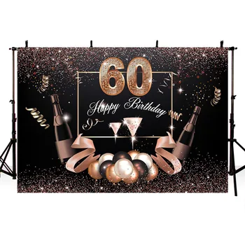 Фон для фотосъемки С 60-летием Фон для фотосъемки с шампанским из черного золота Баннер для вечеринки 220 см x 150 см