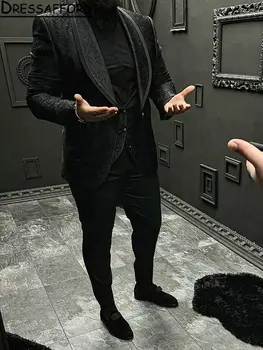Черные жаккардовые атласные мужские костюмы-тройки, мужской блейзер (куртка + жилет + брюки)