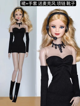 Черный комплект одежды/платье + рукав + сапоги + ожерелье с микрофоном/костюм куклы 30 см для куклы Барби 1/6 Xinyi FR ST PP