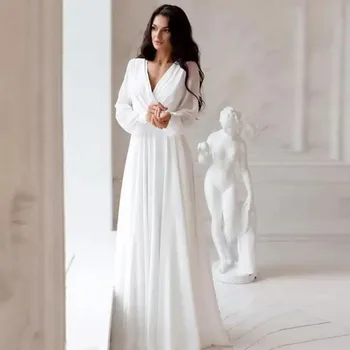 Шифоновые свадебные платья трапециевидной формы Белые с длинным рукавом Простые платья женские Vestidos Boda Playa с длинным рукавом Простые