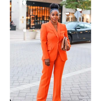 Ярко-оранжевый женский костюм-двойка (куртка + брюки), новая элегантная женская одежда с лацканами для официальных мероприятий